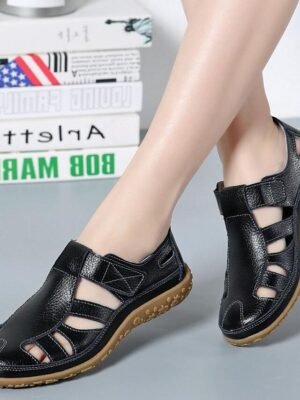 Casual Comfortable Black Closed-Toe Faux Leather Velcro Sandals - Image 1