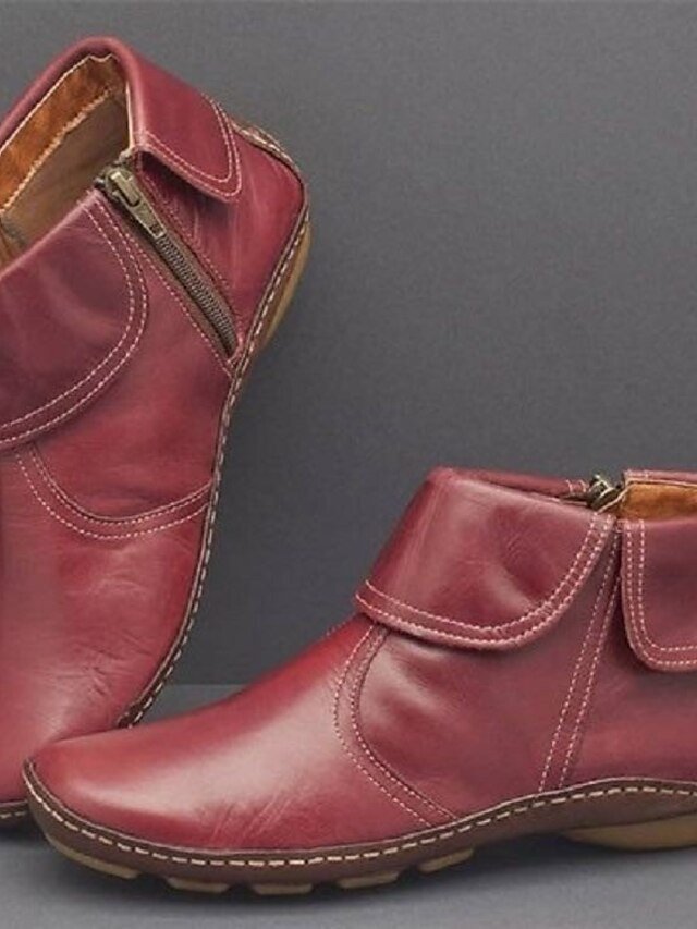 Casual Comfortable Burgundy Faux Leather Ankle Boots - Image 1