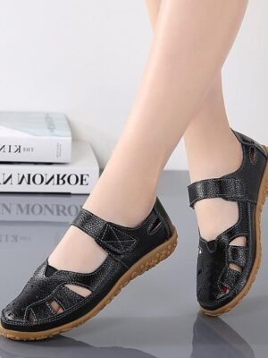 Casual Comfortable Cut-Out Velcro Strap Faux Leather Sandals - Image 2