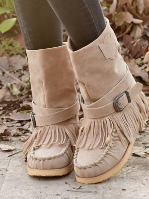 Casual Comfortable Fringe Round Toe Ankle Boots - Image 3
