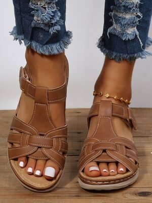 Casual Comfortable Open-Toe Brown Faux Leather Strap Sandals - Image 4