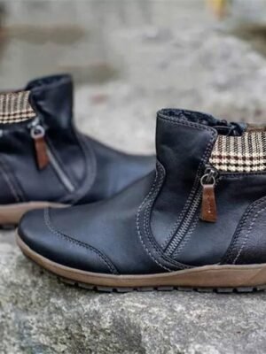 Casual Comfortable Plaid Collar Side Zipper Ankle Boots - Image 1