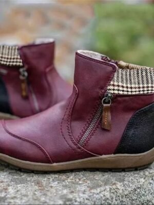 Casual Comfortable Plaid Collar Side Zipper Ankle Boots - Image 13