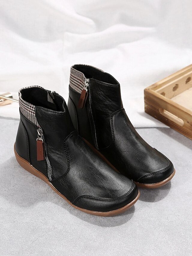 Casual Comfortable Plaid Collar Side Zipper Ankle Boots - Image 2