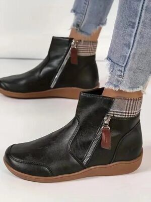 Casual Comfortable Plaid Collar Side Zipper Ankle Boots - Image 3