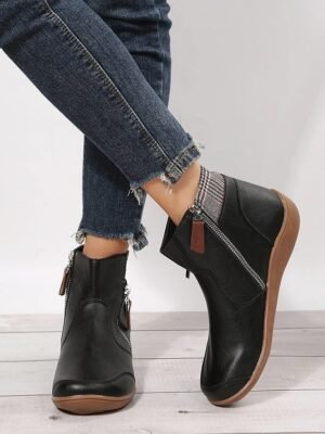 Casual Comfortable Plaid Collar Side Zipper Ankle Boots - Image 4