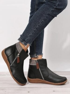 Casual Comfortable Plaid Collar Side Zipper Ankle Boots - Image 5