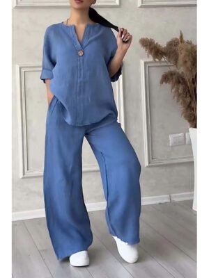 Casual Comfortable Pure Colour Round Neck Short Sleeve Summer Home Set - Image 1