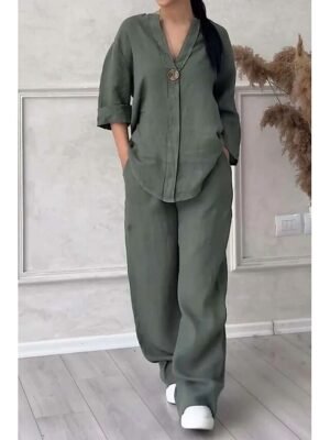 Casual Comfortable Pure Colour Round Neck Short Sleeve Summer Home Set - Image 3