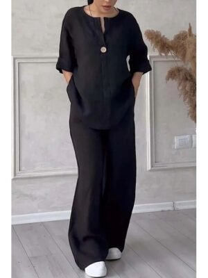 Casual Comfortable Pure Colour Round Neck Short Sleeve Summer Home Set - Image 4