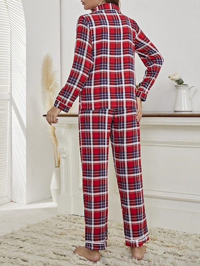 Casual Cozy Plaid Crew Neck Long Sleeve Loungewear Set - Image 2