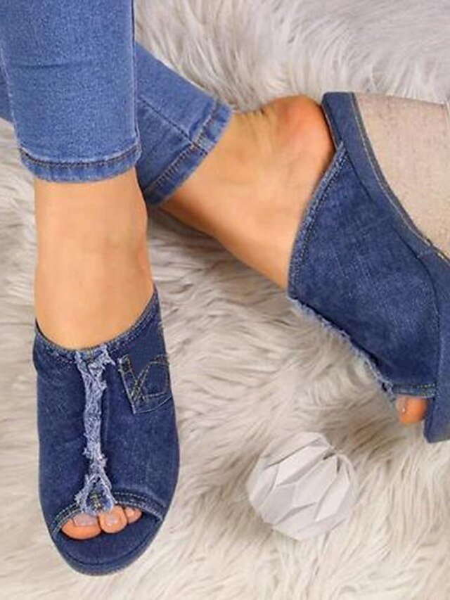 Casual Denim Open-Toe Frayed Hem Slip-On Wedge Sandals - Image 3