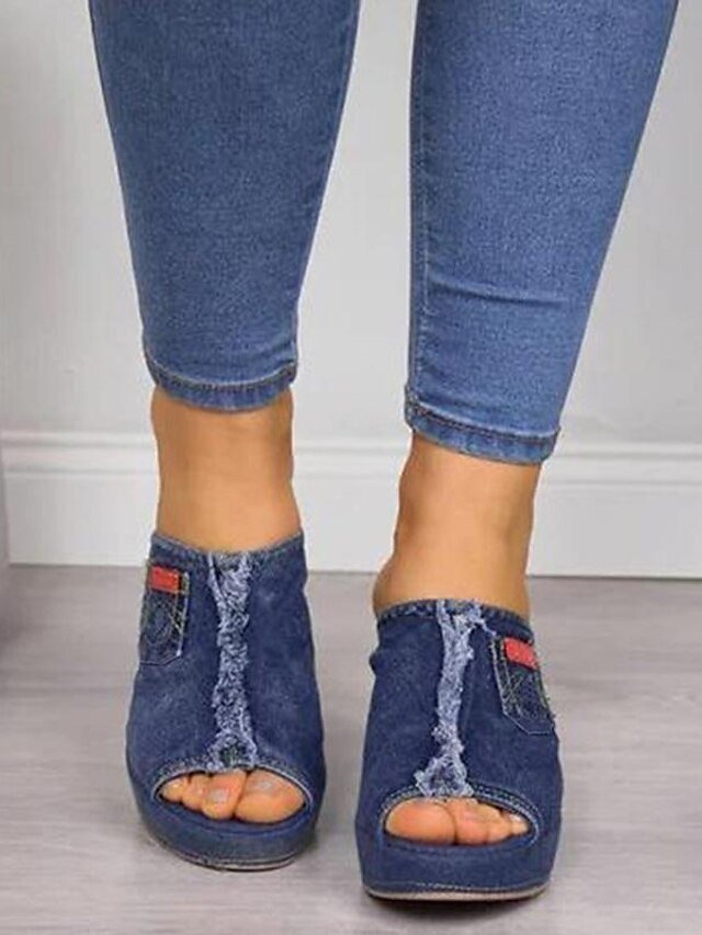 Casual Denim Open-Toe Frayed Hem Slip-On Wedge Sandals - Image 4