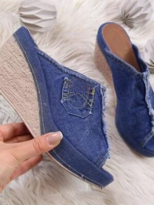 Casual Denim Open-Toe Frayed Hem Slip-On Wedge Sandals - Image 5