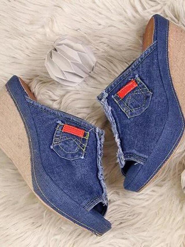 Casual Denim Open-Toe Frayed Hem Slip-On Wedge Sandals - Image 6