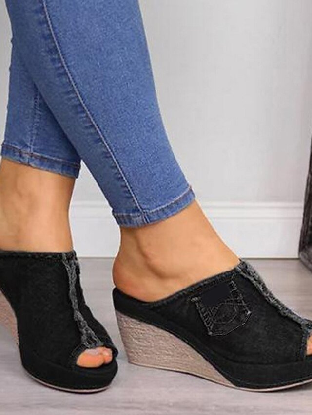 Casual Denim Open-Toe Frayed Hem Slip-On Wedge Sandals - Image 7