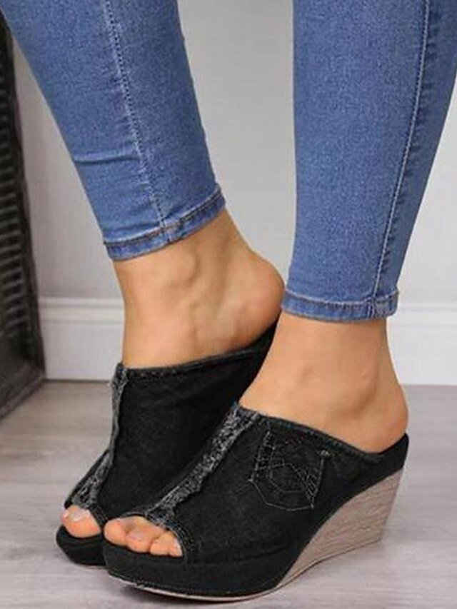 Casual Denim Open-Toe Frayed Hem Slip-On Wedge Sandals - Image 8