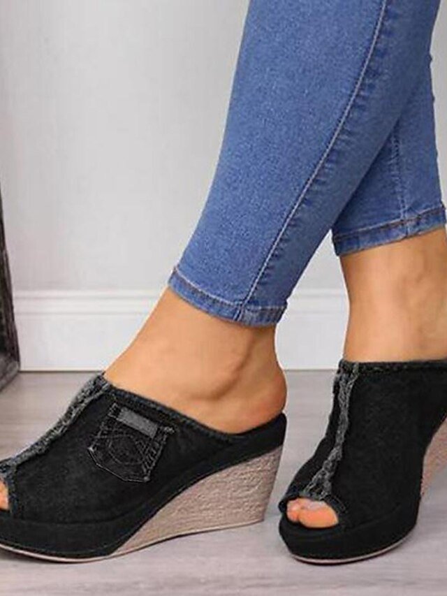 Casual Denim Open-Toe Frayed Hem Slip-On Wedge Sandals - Image 9