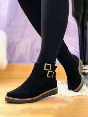 Casual Flat Buckle Faux Suede Ankle Boots - Image 1