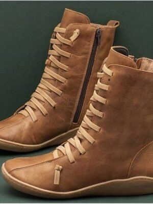 Casual Flat Lace-Up Faux Leather Mid-Calf Boots - Image 1