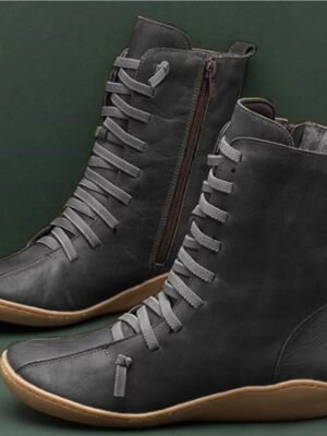 Casual Flat Lace-Up Faux Leather Mid-Calf Boots - Image 2