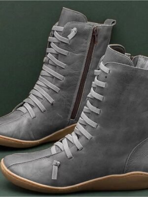 Casual Flat Lace-Up Faux Leather Mid-Calf Boots - Image 4
