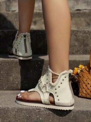 Casual Flat Solid Rivet Canvas Loafer Sandals - Image 5