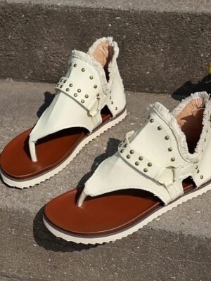 Casual Flat Solid Rivet Canvas Loafer Sandals - Image 6