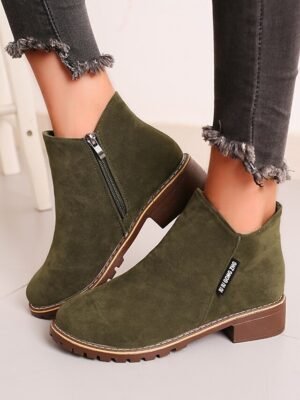Casual Green Faux Suede Ankle Boots with Chunky Heel - Image 1