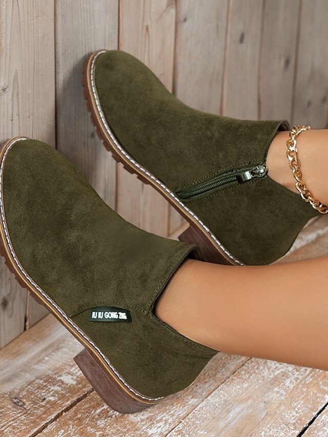 Casual Green Faux Suede Ankle Boots with Chunky Heel - Image 2