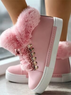Casual High-Top Pink Faux Fur Lined Winter Sneakers - Image 1