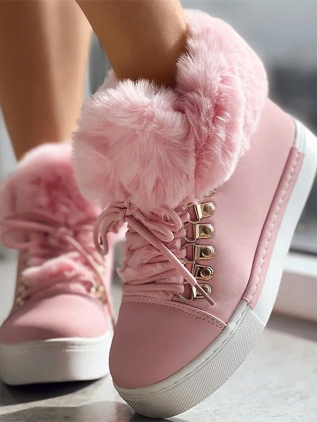 Casual High-Top Pink Faux Fur Lined Winter Sneakers - Image 2