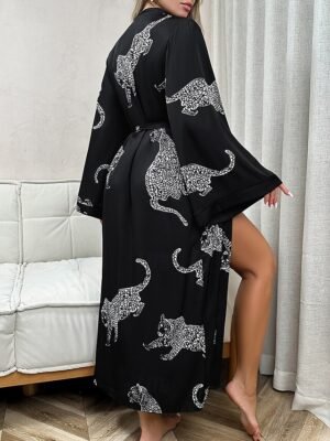 Casual Loose Animal V Neck Front Close Long Robe - Image 7