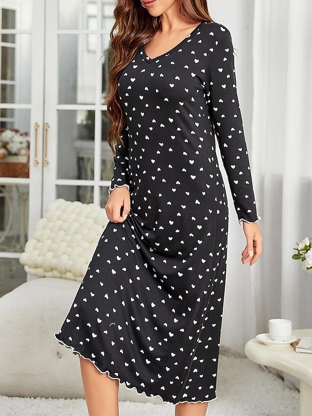 Casual Loose Dot V Wire Long Sleeve Midi Nightgown - Image 1