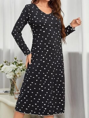 Casual Loose Dot V Wire Long Sleeve Midi Nightgown - Image 2
