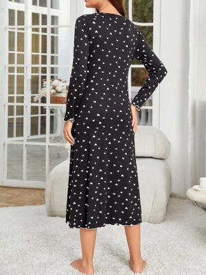 Casual Loose Dot V Wire Long Sleeve Midi Nightgown - Image 4