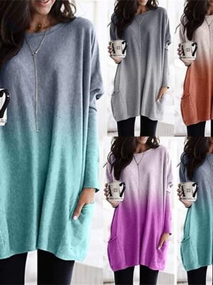 Casual Loose Gradient Crew Neck Long Sleeve Tunic Top - Image 3