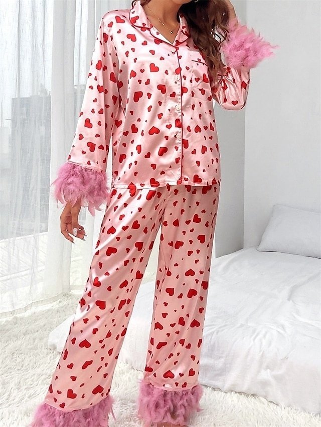 Casual Loose Heart Shirt Collar Long Sleeve Pajama Set - Image 1