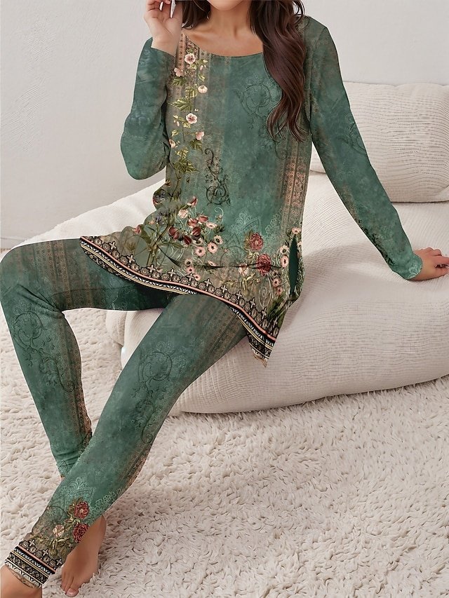 Casual Loose Print Crew Neck Long Sleeve Light Green Home Outfit Set - Image 1