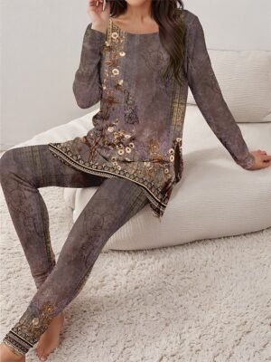 Casual Loose Print Crew Neck Long Sleeve Light Green Home Outfit Set - Image 3