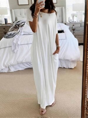 Casual Loose Pure Colour Crew Neck Short Sleeve Midi Nightgown - Image 1
