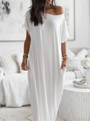 Casual Loose Pure Colour Crew Neck Short Sleeve Midi Nightgown - Image 2