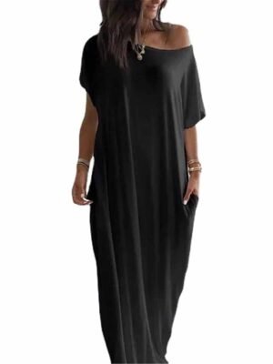 Casual Loose Pure Colour Crew Neck Short Sleeve Midi Nightgown - Image 3