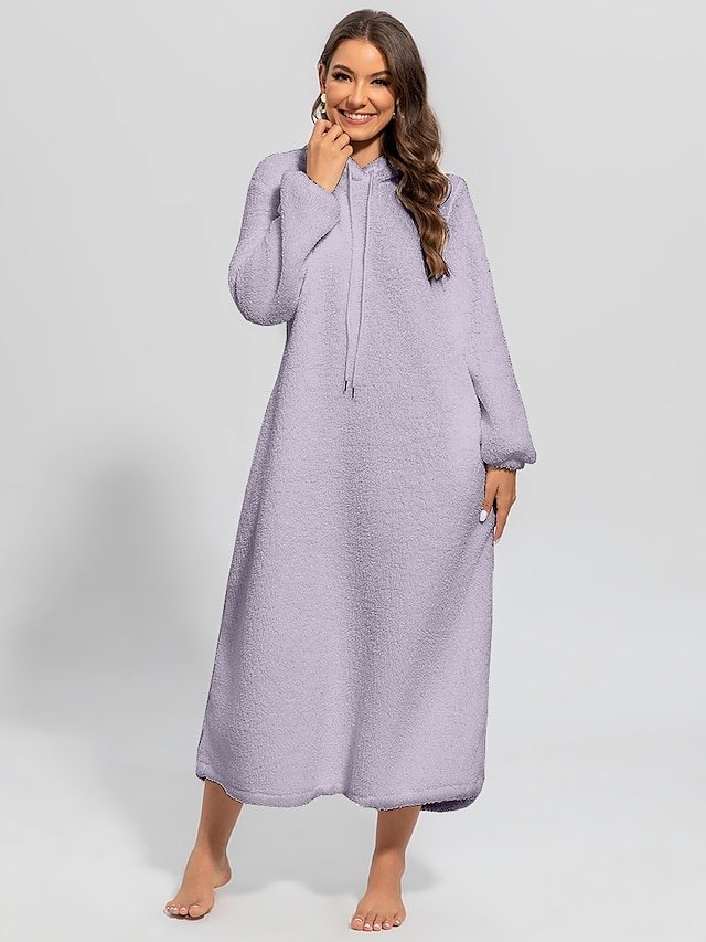 Casual Loose Pure Colour Hoodie Long Sleeve Midi Nightshirt - Image 1