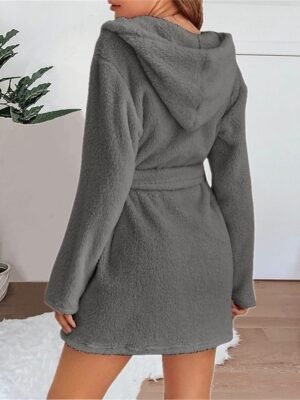 Casual Loose Pure Colour Hoodie Long Sleeve Warm Robe - Image 12
