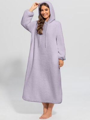 Casual Loose Pure Colour Hoodie Long Sleeve Midi Nightshirt - Image 2