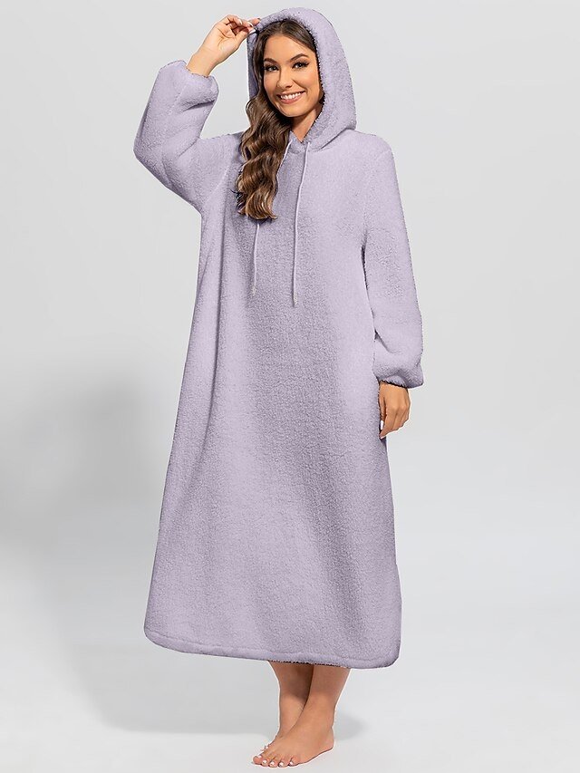Casual Loose Pure Colour Hoodie Long Sleeve Midi Nightshirt - Image 2