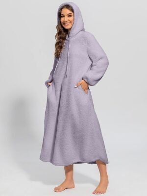 Casual Loose Pure Colour Hoodie Long Sleeve Midi Nightshirt - Image 3