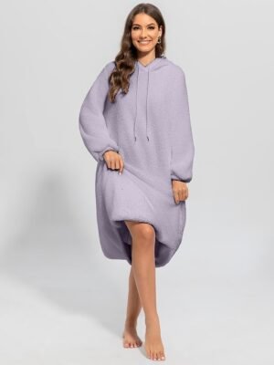 Casual Loose Pure Colour Hoodie Long Sleeve Midi Nightshirt - Image 4