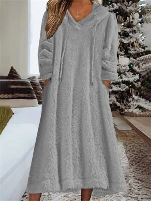 Casual Loose Pure Colour Hoodie Long Sleeve Midi Nightshirt - Image 8